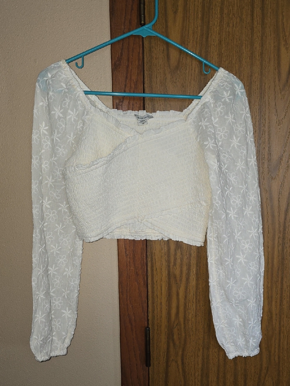 American Eagle Outfitters White Smocked Cropped Top with Embroidered Sleeves